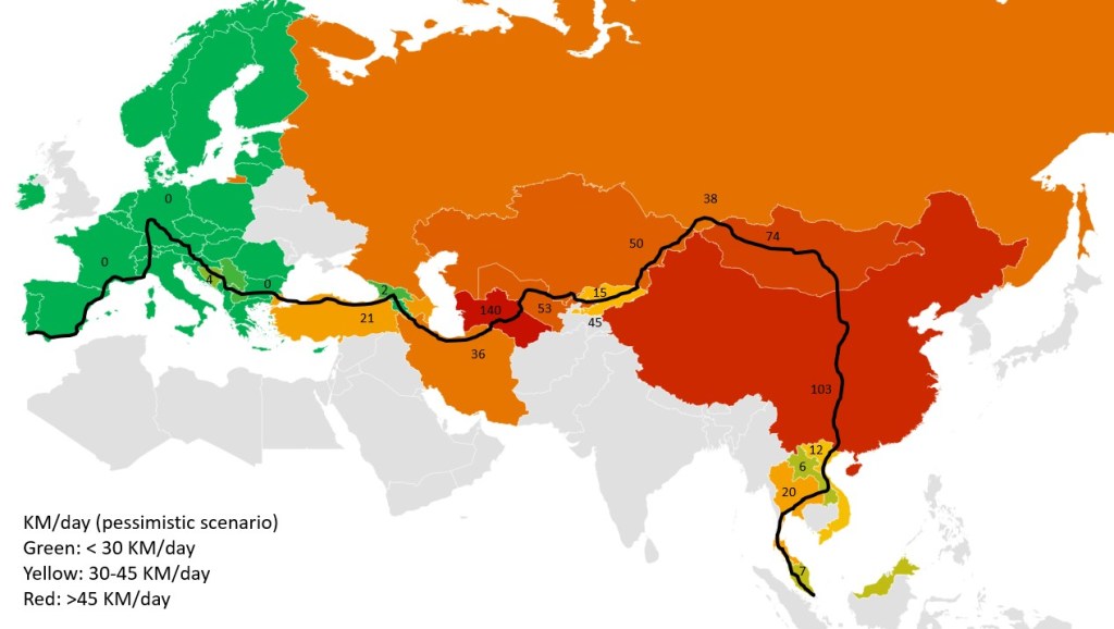 KM to be walked per day to cross the country (pessimistic)